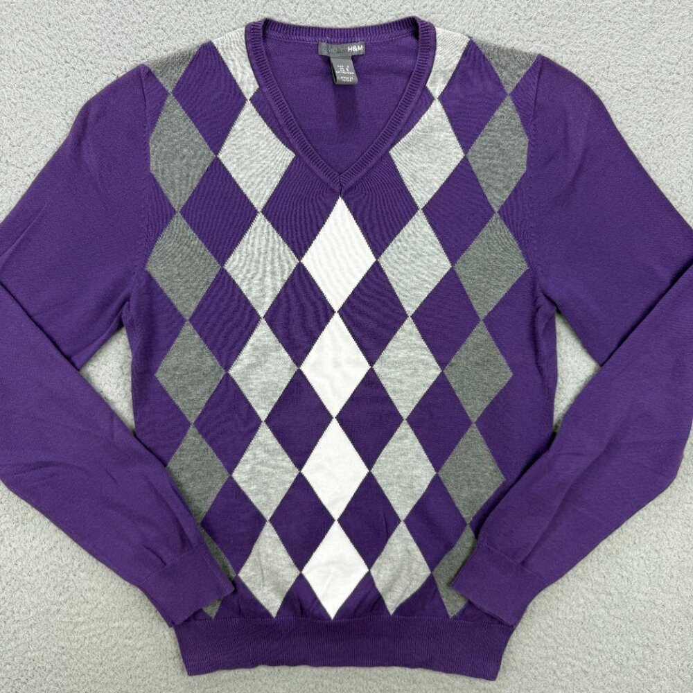 H&M Sweater Mens Small S Purple Argyle Diamond Pattern V Neck Knit Vintage Y2K